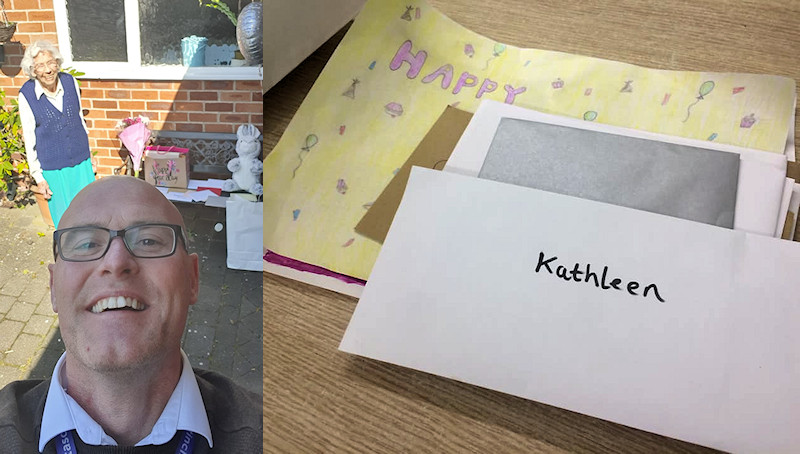 Asda manager Simon delivers Marjorie's (Kathleen's) 98th birthday cards