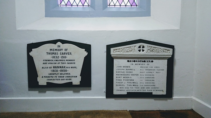 Carver Plaque and War memorial in the new permanent home at the URC Church
